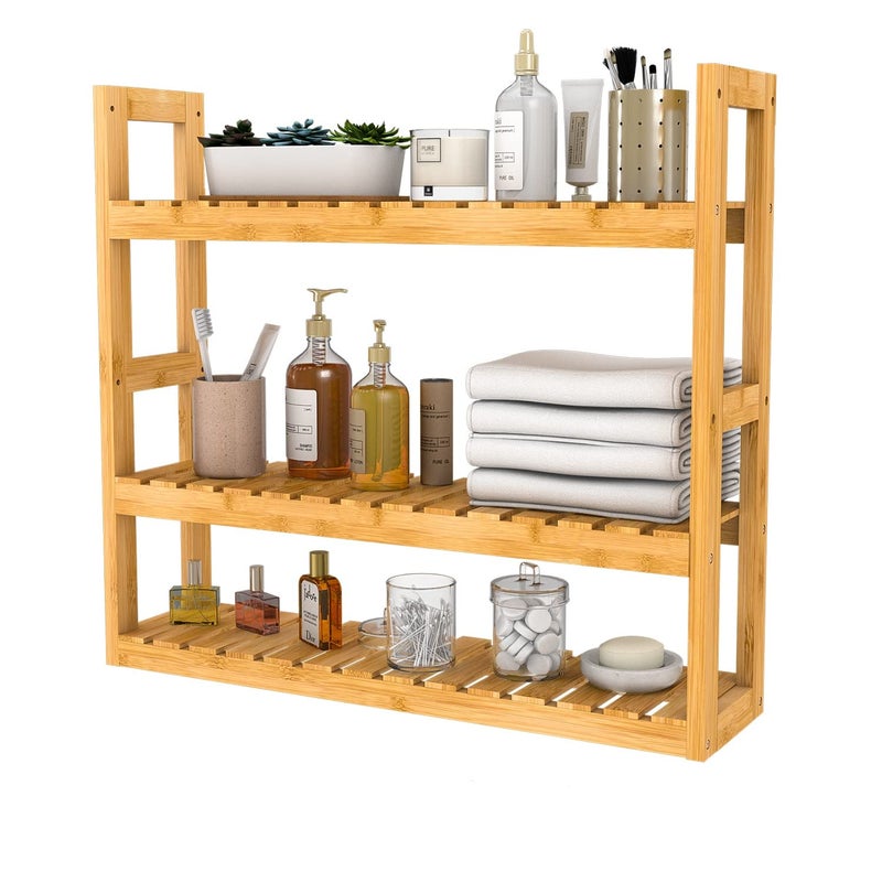 Domax Bamboo Bathroom Shelf 3-Tier Wall Mount Storage Rack Multifunctional Adjustable Layer Free Standing Over Toilet Utility Shelves Living Room Kitchen (Bamboo) - Image 1